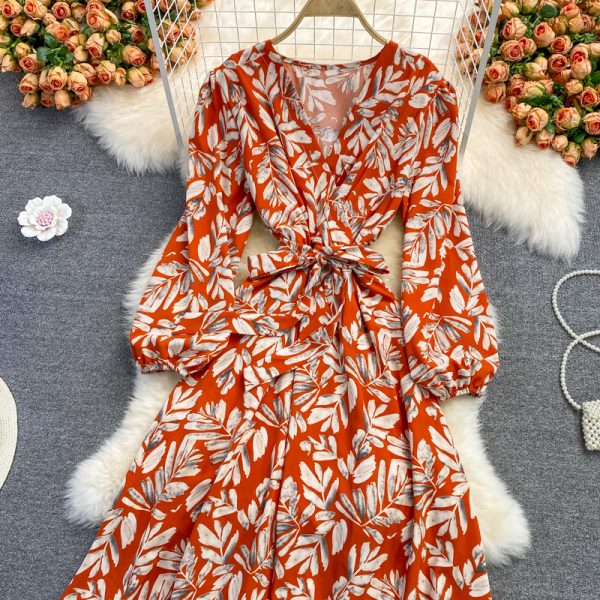 Puff Sleeve V-neck Dress Autumn New Waist Slimming Elegant Floral Skirt over the Knee Large Swing Dress - Image 3
