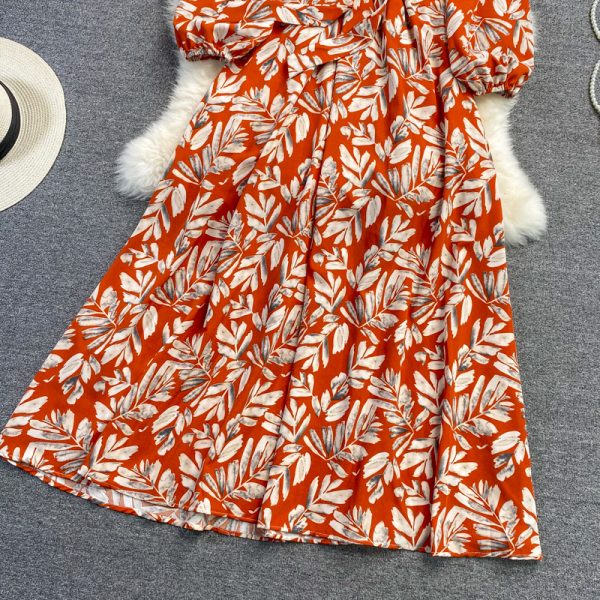Puff Sleeve V-neck Dress Autumn New Waist Slimming Elegant Floral Skirt over the Knee Large Swing Dress - Image 4