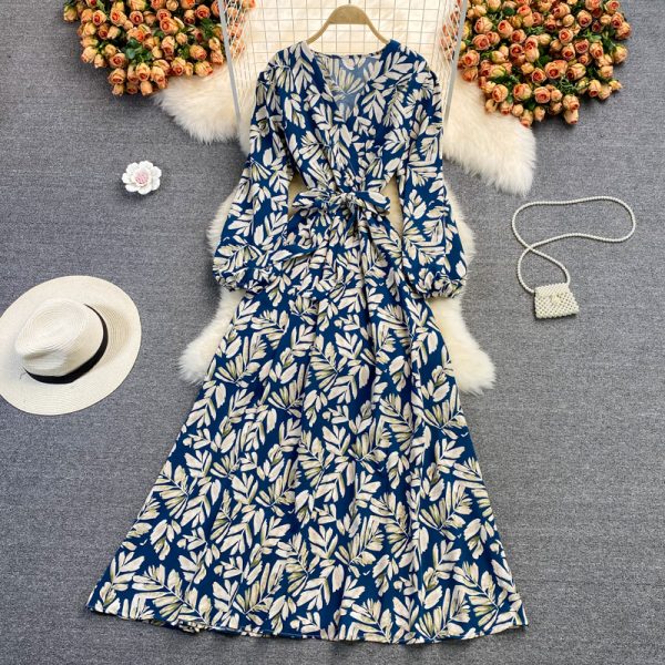 Puff Sleeve V-neck Dress Autumn New Waist Slimming Elegant Floral Skirt over the Knee Large Swing Dress - Image 5