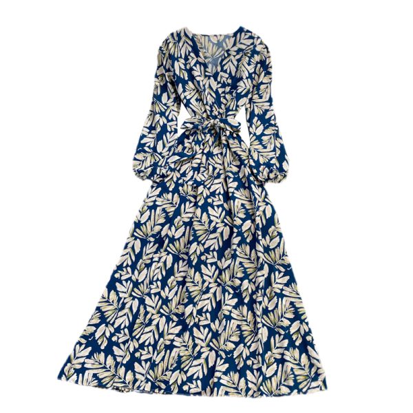 Puff Sleeve V-neck Dress Autumn New Waist Slimming Elegant Floral Skirt over the Knee Large Swing Dress - Image 6