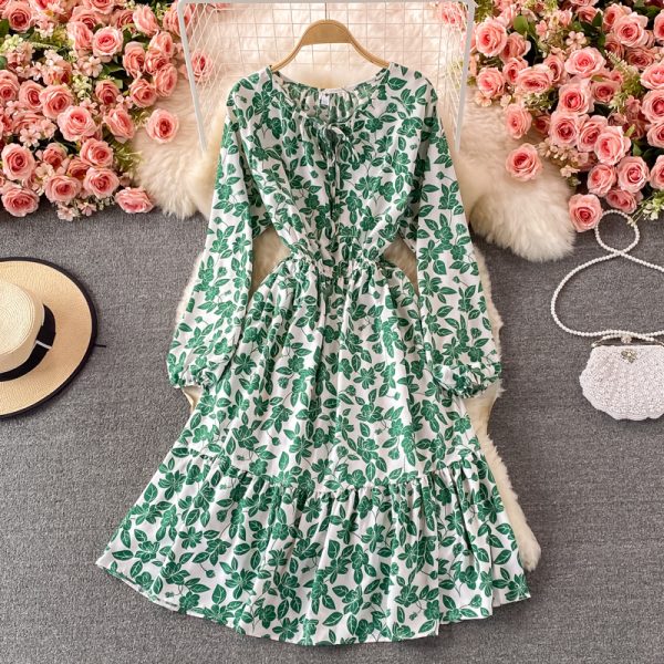French round Neck Chiffon Dressautumn New Gentle Mid-Length Waist Trimming Ruffles Floral Skirt