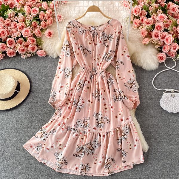 French round Neck Chiffon Dressautumn New Gentle Mid-Length Waist Trimming Ruffles Floral Skirt - Image 3