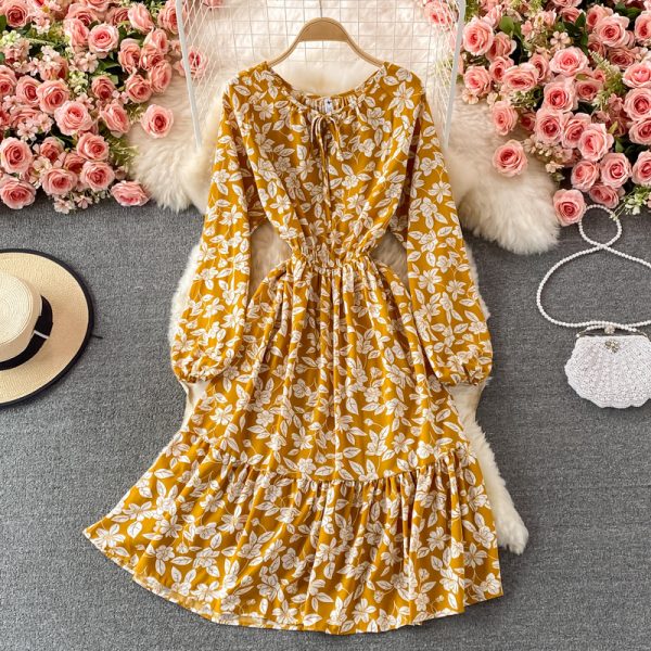 French round Neck Chiffon Dressautumn New Gentle Mid-Length Waist Trimming Ruffles Floral Skirt - Image 4