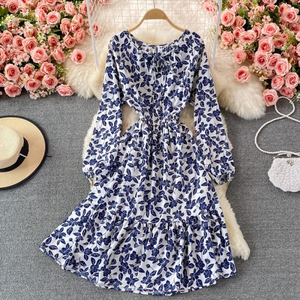 French round Neck Chiffon Dressautumn New Gentle Mid-Length Waist Trimming Ruffles Floral Skirt - Image 5