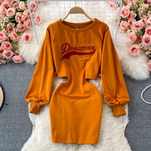 round Neck Hollow-out Midriff Dress Early Autumn New Ins Style Fashionable Casual Mid-Length Sweater Dress