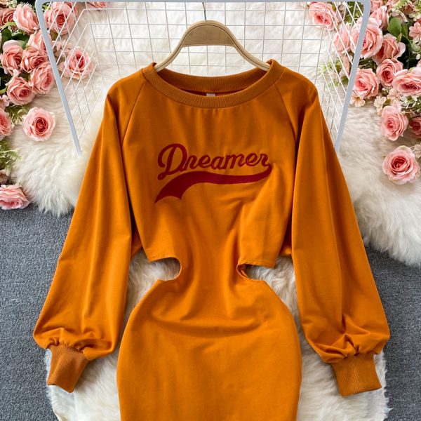 round Neck Hollow-out Midriff Dress Early Autumn New Ins Style Fashionable Casual Mid-Length Sweater Dress - Image 3