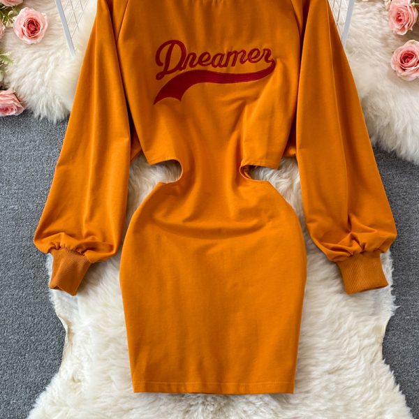 round Neck Hollow-out Midriff Dress Early Autumn New Ins Style Fashionable Casual Mid-Length Sweater Dress - Image 4