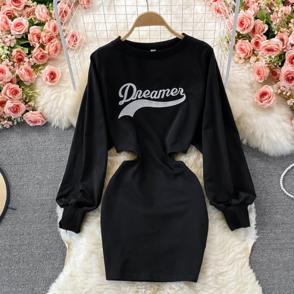round Neck Hollow-out Midriff Dress Early Autumn New Ins Style Fashionable Casual Mid-Length Sweater Dress - Image 5
