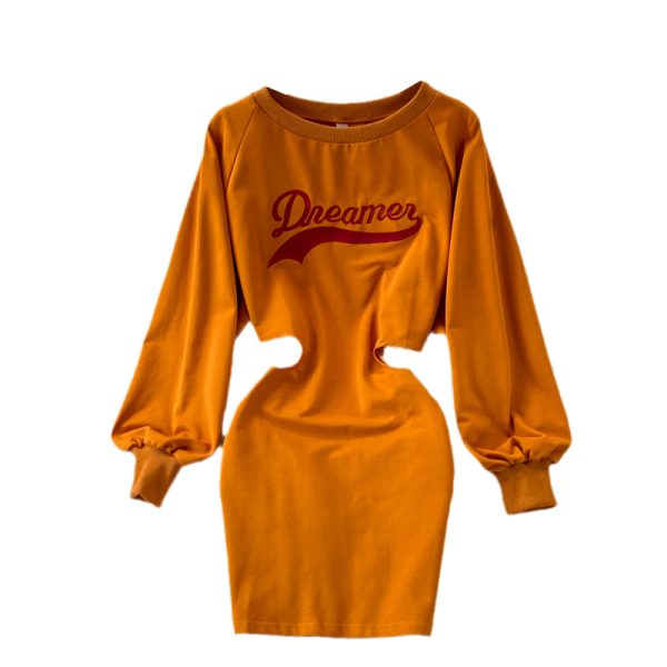 round Neck Hollow-out Midriff Dress Early Autumn New Ins Style Fashionable Casual Mid-Length Sweater Dress - Image 6