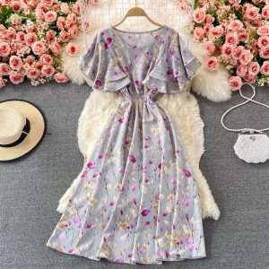 Ruffle Sleeve round Neck Dress Summer New French Style Retro Slimming Tight Waist Super Fairy Sweet Floral Large Swing Dress