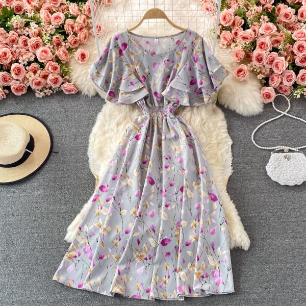 Ruffle Sleeve round Neck Dress Summer New French Style Retro Slimming Tight Waist Super Fairy Sweet Floral Large Swing Dress