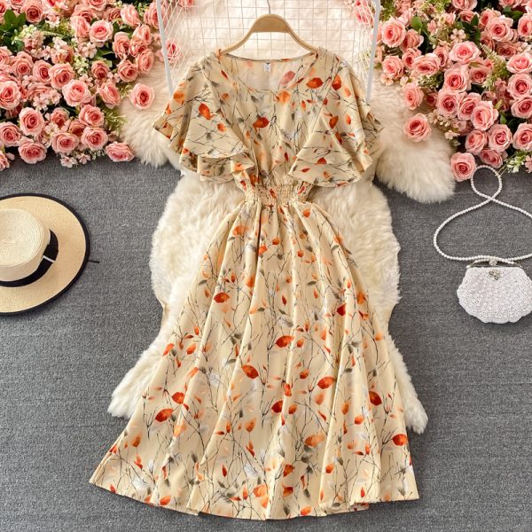 Ruffle Sleeve round Neck Dress Summer New French Style Retro Slimming Tight Waist Super Fairy Sweet Floral Large Swing Dress - Image 3