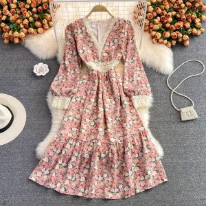 Lace Chiffon Patchwork Floral Dress Women's Autumn New Long Sleeve V-neck Slimming French A- line Large Hem Long Dress