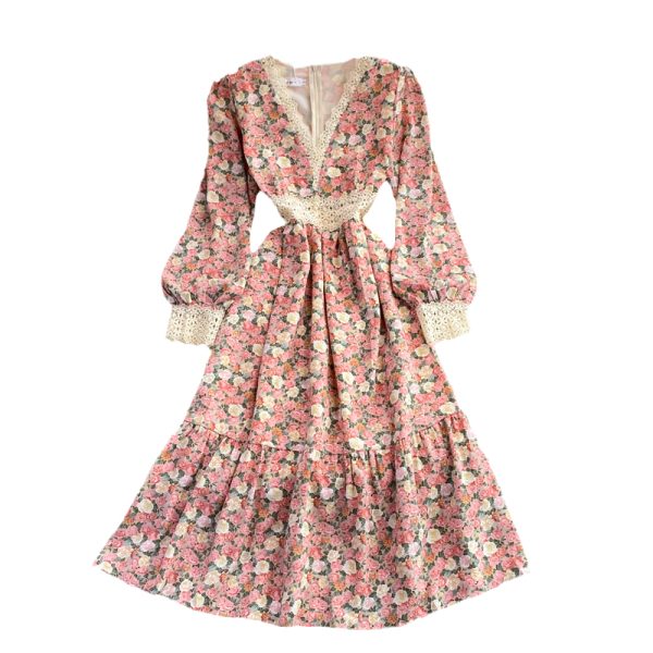 Lace Chiffon Patchwork Floral Dress Women's Autumn New Long Sleeve V-neck Slimming French A- line Large Hem Long Dress - Image 6