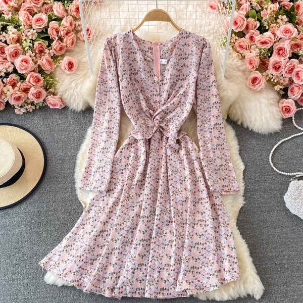 Fallnew French Style Vintage and Little Fresh Floral Skirt Waist Slimming Elegant V-neck Chiffon Dress - Image 3