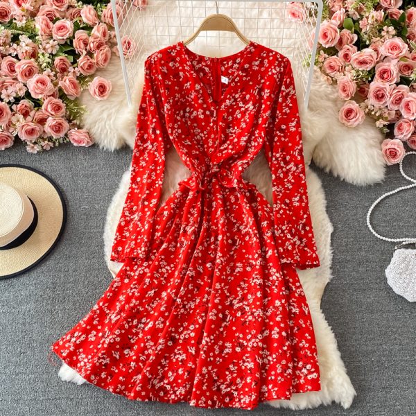 Fallnew French Style Vintage and Little Fresh Floral Skirt Waist Slimming Elegant V-neck Chiffon Dress - Image 4