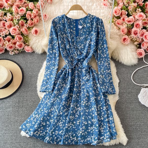 Fallnew French Style Vintage and Little Fresh Floral Skirt Waist Slimming Elegant V-neck Chiffon Dress - Image 5