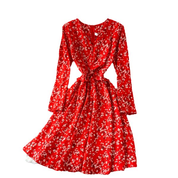Fallnew French Style Vintage and Little Fresh Floral Skirt Waist Slimming Elegant V-neck Chiffon Dress - Image 6