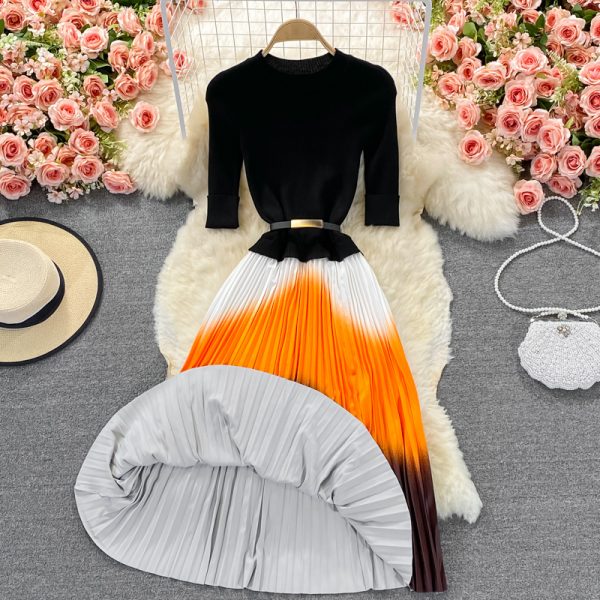 Autumn and winter new style long-sleeved knitting stitching color pleated five-point sleeve elegant large swing skirt - Image 4