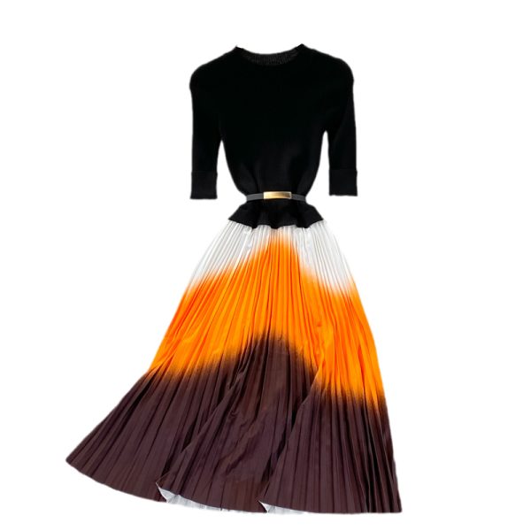 Autumn and winter new style long-sleeved knitting stitching color pleated five-point sleeve elegant large swing skirt - Image 6