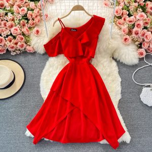Summer New Elegant Sexy Cold-Shoulder Elegant Irregular Design Ruffled Spaghetti Straps Dress Fashion Dress