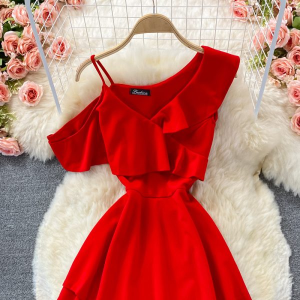 Summer New Elegant Sexy Cold-Shoulder Elegant Irregular Design Ruffled Spaghetti Straps Dress Fashion Dress - Image 3