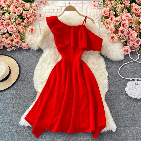Summer New Elegant Sexy Cold-Shoulder Elegant Irregular Design Ruffled Spaghetti Straps Dress Fashion Dress - Image 4