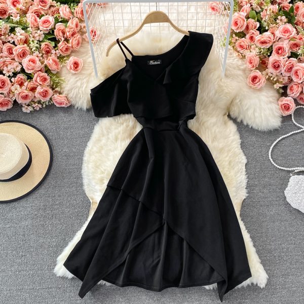 Summer New Elegant Sexy Cold-Shoulder Elegant Irregular Design Ruffled Spaghetti Straps Dress Fashion Dress - Image 5