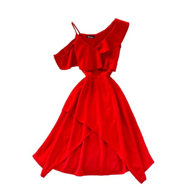 Summer New Elegant Sexy Cold-Shoulder Elegant Irregular Design Ruffled Spaghetti Straps Dress Fashion Dress - Image 6