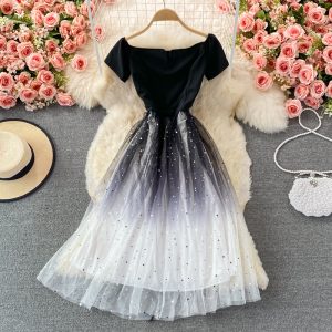 Super Fairy Starry Sky Gradient off-the-Shoulder Gown New Socialite Elegant Dress Slimming Mid-Length Banquet Evening Dress