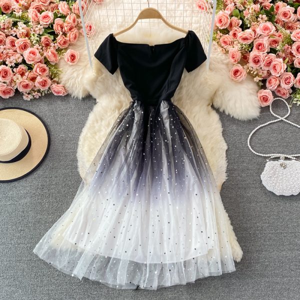 Super Fairy Starry Sky Gradient off-the-Shoulder Gown New Socialite Elegant Dress Slimming Mid-Length Banquet Evening Dress - Image 2
