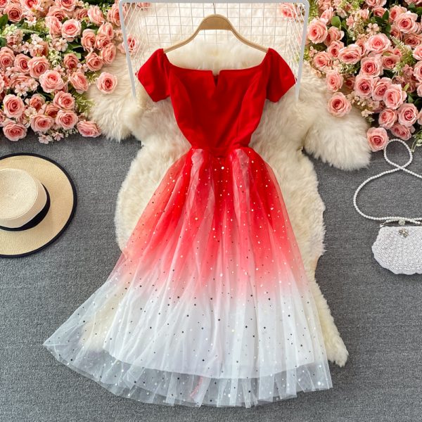 Super Fairy Starry Sky Gradient off-the-Shoulder Gown New Socialite Elegant Dress Slimming Mid-Length Banquet Evening Dress - Image 3