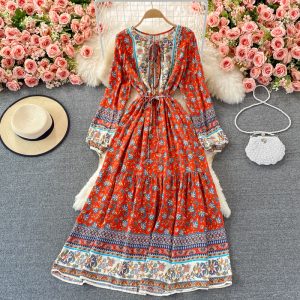 Ethnic Style Beach Dress Seaside Holiday Bohemian Large Swing Dress Loose Lace-up Waist Trimming Printing Dress for Women