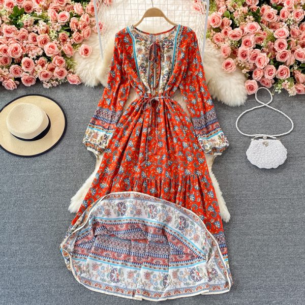Ethnic Style Beach Dress Seaside Holiday Bohemian Large Swing Dress Loose Lace-up Waist Trimming Printing Dress for Women - Image 3