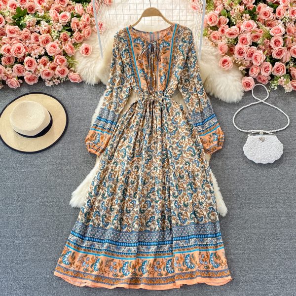Ethnic Style Beach Dress Seaside Holiday Bohemian Large Swing Dress Loose Lace-up Waist Trimming Printing Dress for Women - Image 4