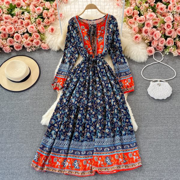 Ethnic Style Beach Dress Seaside Holiday Bohemian Large Swing Dress Loose Lace-up Waist Trimming Printing Dress for Women - Image 5