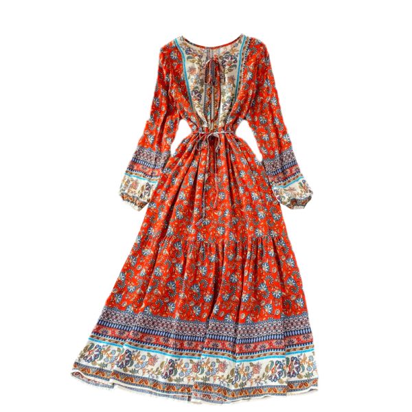 Ethnic Style Beach Dress Seaside Holiday Bohemian Large Swing Dress Loose Lace-up Waist Trimming Printing Dress for Women - Image 6