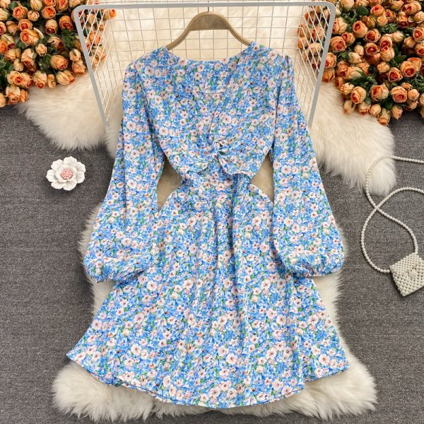 Autumn French high-waisted fairy dress with open waist V-neck chiffon dress, retro temperament, waist was thin, floral skirt - Image 3