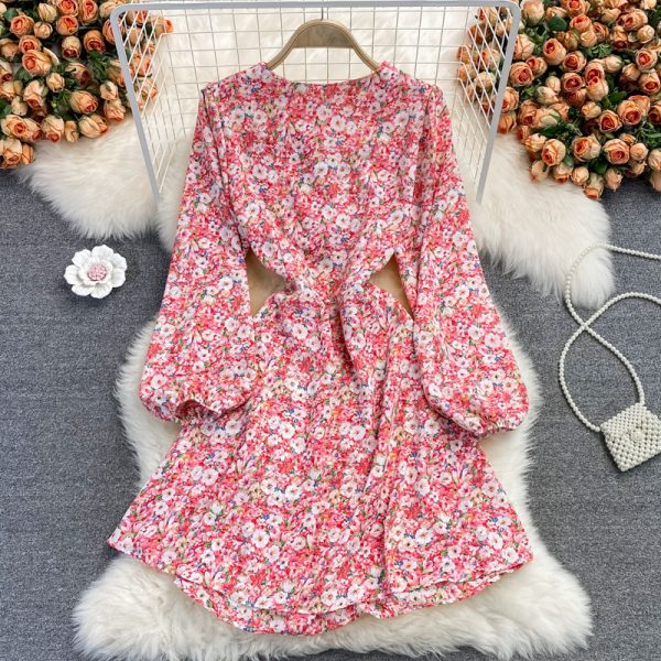 Autumn French high-waisted fairy dress with open waist V-neck chiffon dress, retro temperament, waist was thin, floral skirt - Image 5