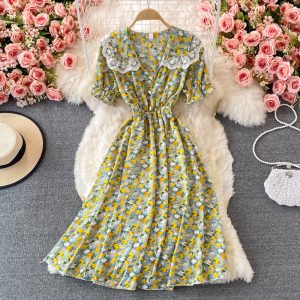 Summer New Fresh Gentle Elegant Style Tight Waist Slimming A- line Skirt Doll Collar Floral Dress