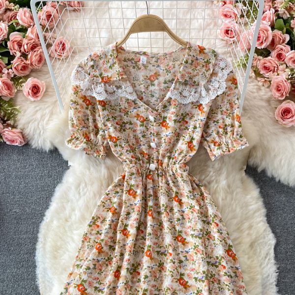 Summer New Fresh Gentle Elegant Style Tight Waist Slimming A- line Skirt Doll Collar Floral Dress - Image 4