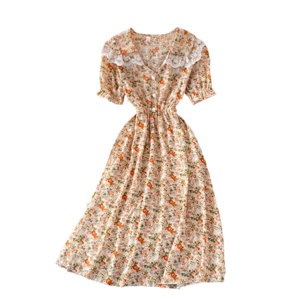 Summer New Fresh Gentle Elegant Style Tight Waist Slimming A- line Skirt Doll Collar Floral Dress - Image 6