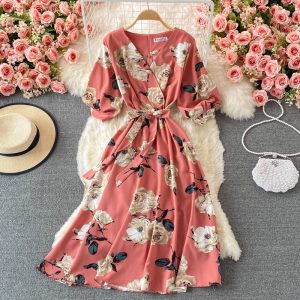 V-neck floral dress female summer new style loose cover belly Yujie style over the knee a-line big dress