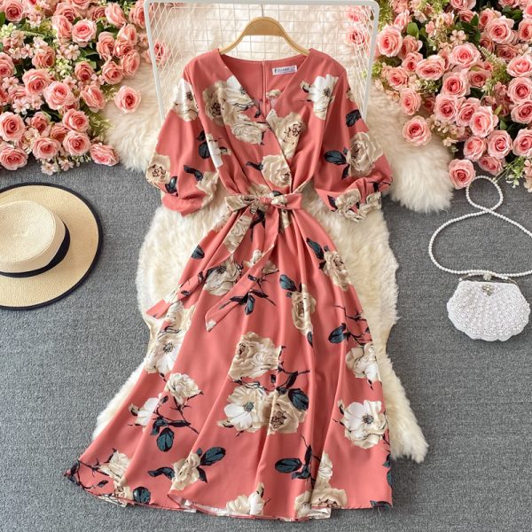 V-neck floral dress female summer new style loose cover belly Yujie style over the knee a-line big dress