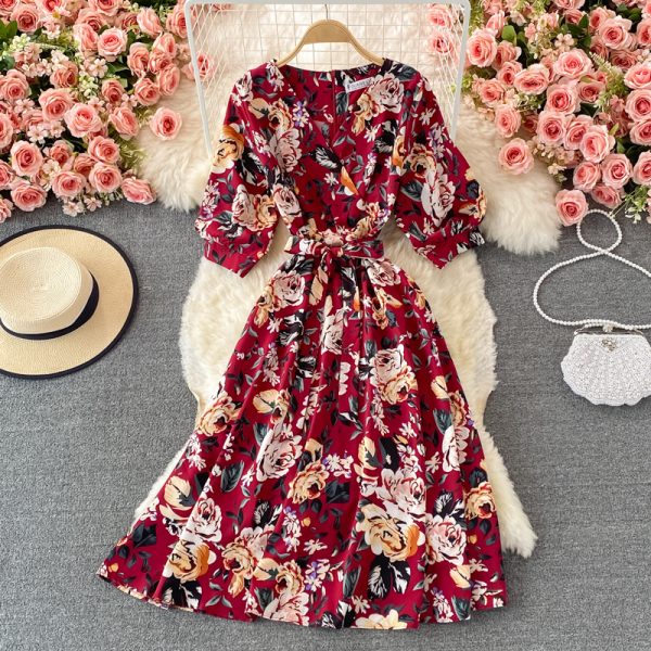 V-neck floral dress female summer new style loose cover belly Yujie style over the knee a-line big dress - Image 4