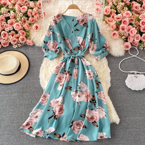 V-neck floral dress female summer new style loose cover belly Yujie style over the knee a-line big dress - Image 5