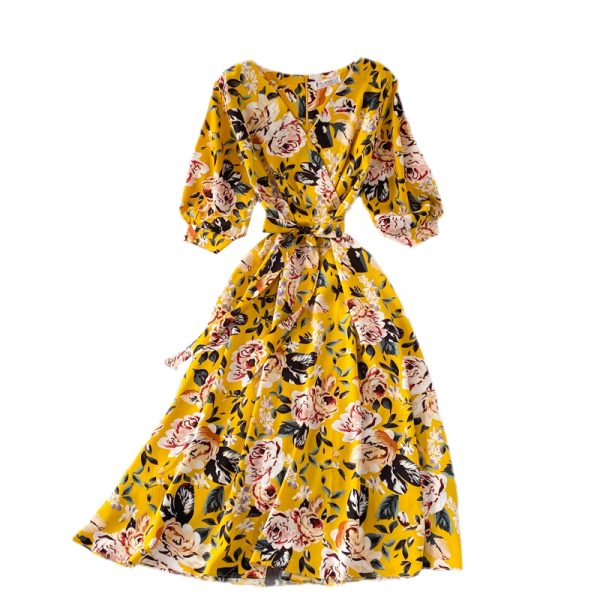 V-neck floral dress female summer new style loose cover belly Yujie style over the knee a-line big dress - Image 6