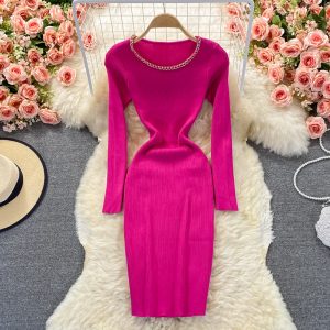 Autumn New Hepburn Lightly Mature Mid-Length Stretch Knitted Dress Slim Fit Temperament Base Hip Skirt