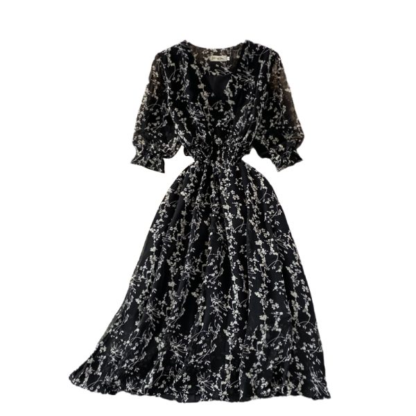 Summer New Korean Chic Retro V-neck Waist-Controlled Slimming Mid-Length Puff Sleeve Floral Large Swing Dress - Image 6