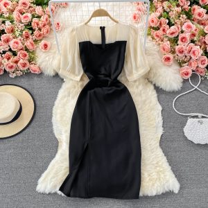Fallretro Slimming Temperament Long Sleeve Fairy Skirt Super Mori Split Color Matching Square Collar Dress